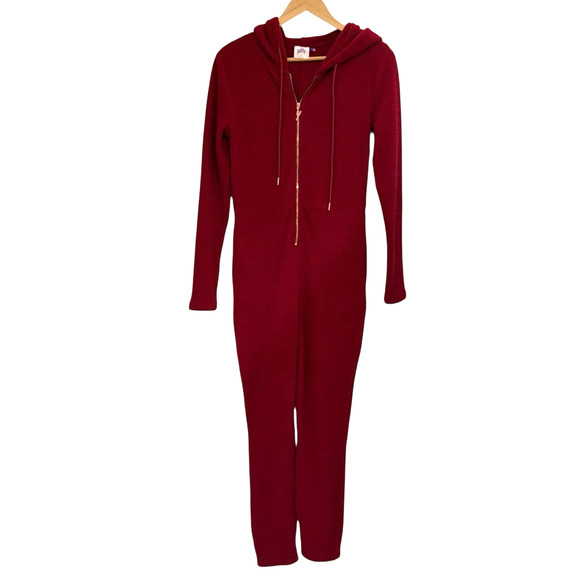 Yitty One Piece PJ Lounge Set Womens Medium Merlot Jumpsuit Pet Me Heart Pocket - Picture 3 of 12